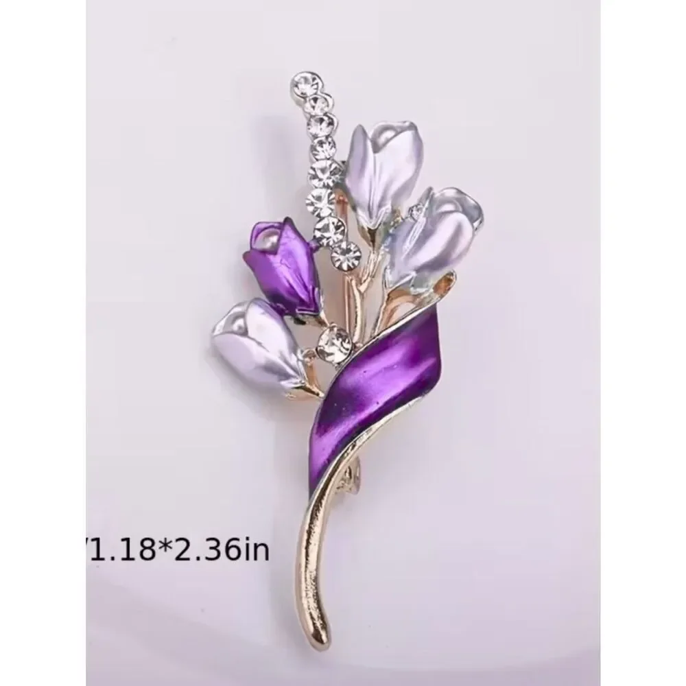 NWT Brooch Tulips Purple & Lavender Enamel Petal Imitation Pearl & Rhinestone